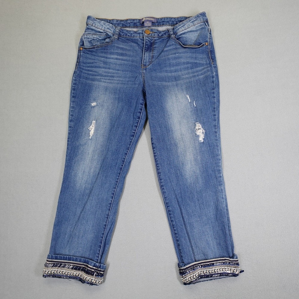 Democracy Jeans Women 14 Blue Flex-ellent Distressed Embroidered Cuff Denim Pant